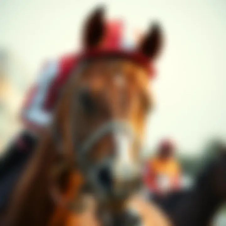 Close-up of a jockey preparing for a race atop a thoroughbred